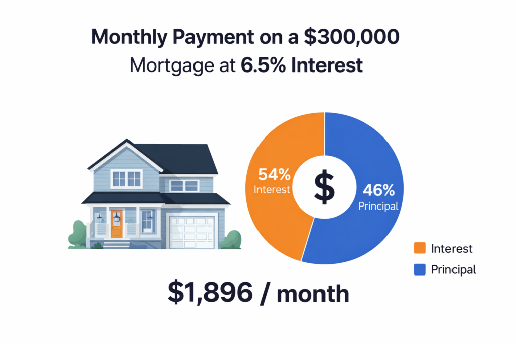 Estimated principal vs interest breakdown on a $300,000 mortgage at 6.5%.